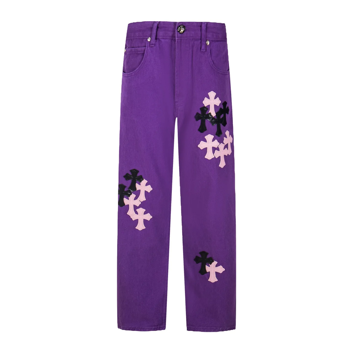 P240 Chrome Hearts Overseas limited edition violet patchwork leather cross hot girl couple jeans are a hot item this season and are sought after by countless celebrities and fashionistas. The neat details of the cutting process add color to the playful fashion! The neat and meticulous design, and the well-fitting structure is unique. The upper body not only has outstanding recognition, but also looks younger and younger. A style with the ultimate wearing meaning and performance, gorgeous color matching, and the craftsmanship of this style is also extremely extraordinary. After the finished product is washed, it is disassembled and hand-made with sheepskin cross leather and then spliced ​​together to complete. The whole piece has too many craftsmanship to describe. It is decorated with patchwork cross flowers and high-waisted washed jeans! ! Absolutely high-end luxury product, a god-level single product, a super popular product, made by top heavy industry, a magic weapon that cannot be missed to hit the streets. Style number: 1837 Size: 28 30 32 34 Color: purple